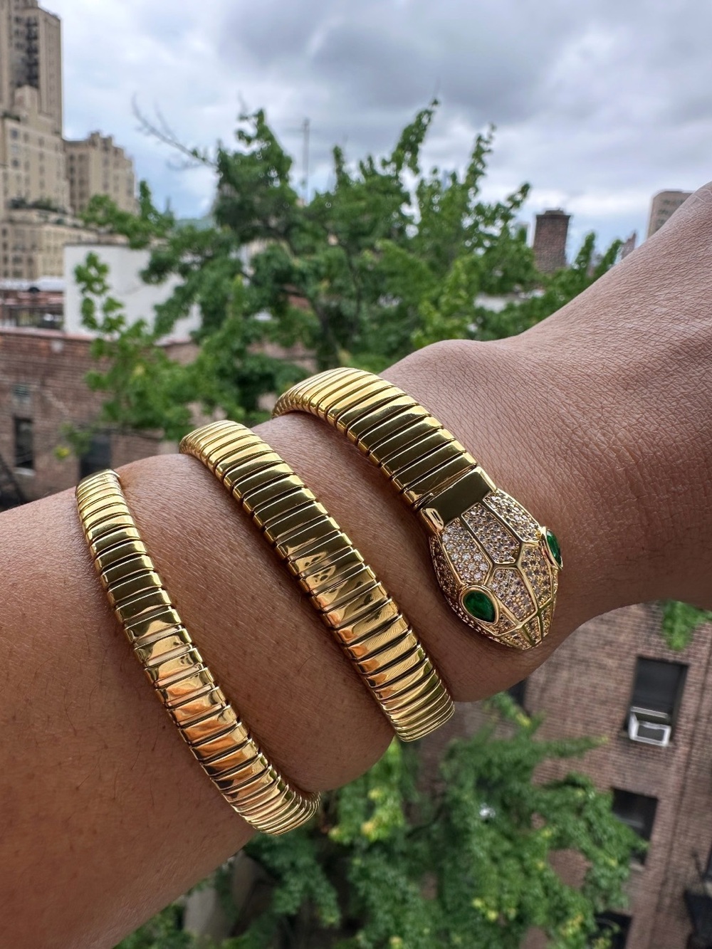 Luxury Inspired Gold Snake Coil Bracelet with Green Eyes & CZ Stones